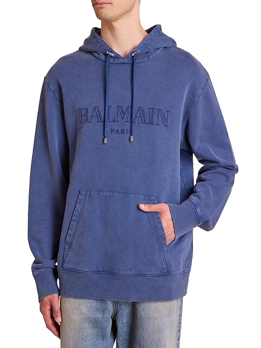 Balmain, Embroidered Logo Cotton Hoodie, Medium, Blueblue