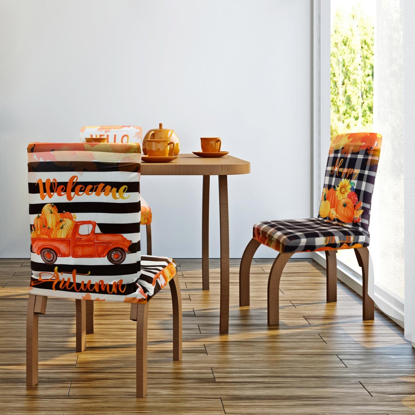 Preboun Fall Chair Covers Set of 6 Thanksgiving Dining Protector Stretch Autumn Pumpkin Truck Maple Leaves Slipcovers Removable Washable for Dining Hotel Party Wedding