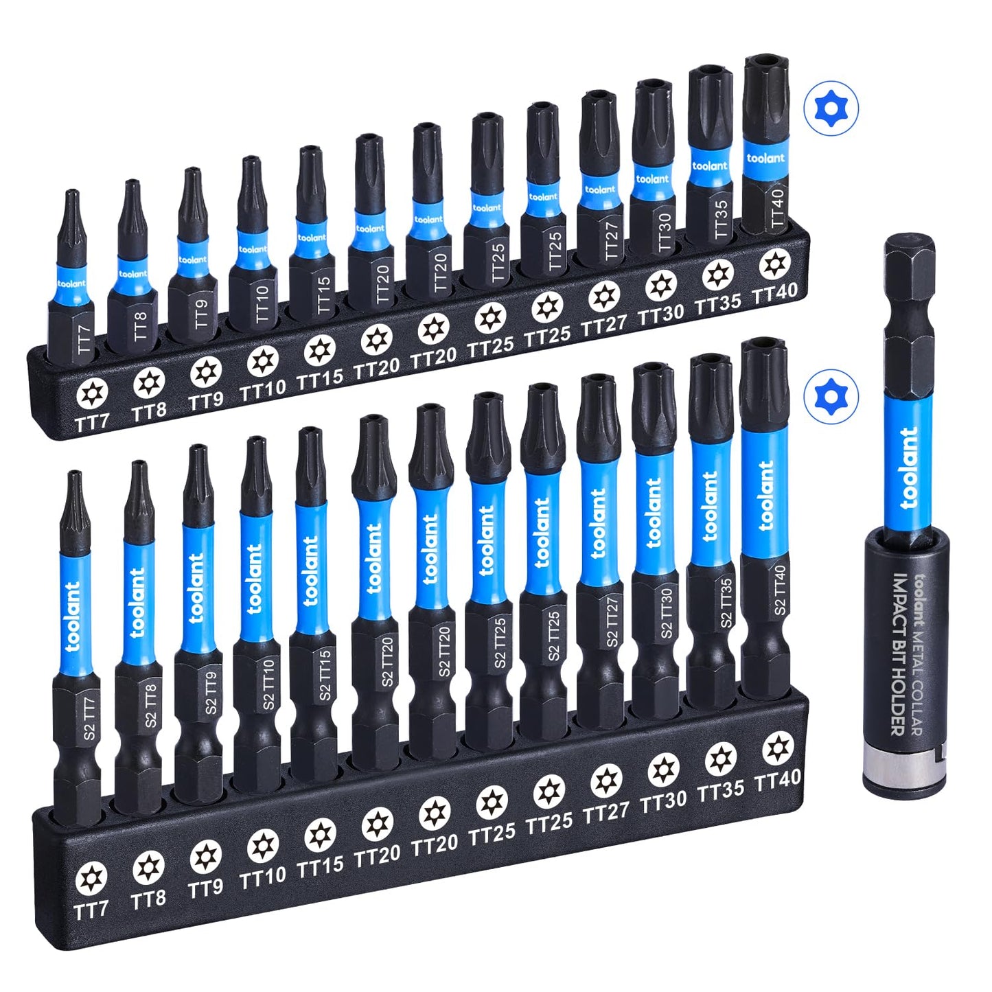 toolant Impact Torx Bit Set 26+1pcs (T7-T40), 1/4 Hex-Shank S2 Steel Security Torx Bit Set, Tamper Proof Star Bit Set with CNC Machined Tips, 1”&2” Long with Magnetic Impact Bit Holder and Storage Box