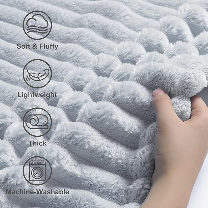 decorUhome Soft Fleece Light Grey Twin Blanket for Bed, Cozy Fluffy Plush Flannel Striped Throws for Couch Sofa, Lightweight Decorative Ribbed Fuzzy Blanket for Woman, 60x80 Inches