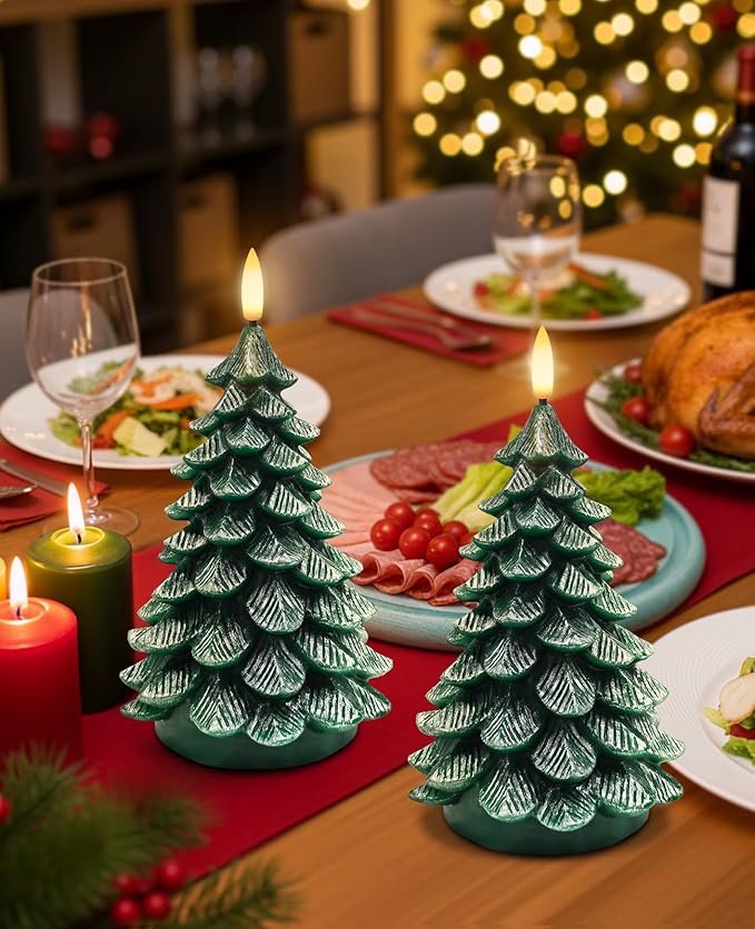 YAUNGEL Christmas Tree Flameless Candles,10-Key Remote and Timer, Real Wax Battery Operated 3D Wick LED Flickering Candles Realistic Christmas Tree for Christmas Holiday Indoor Dinner Decor, 2 Packs