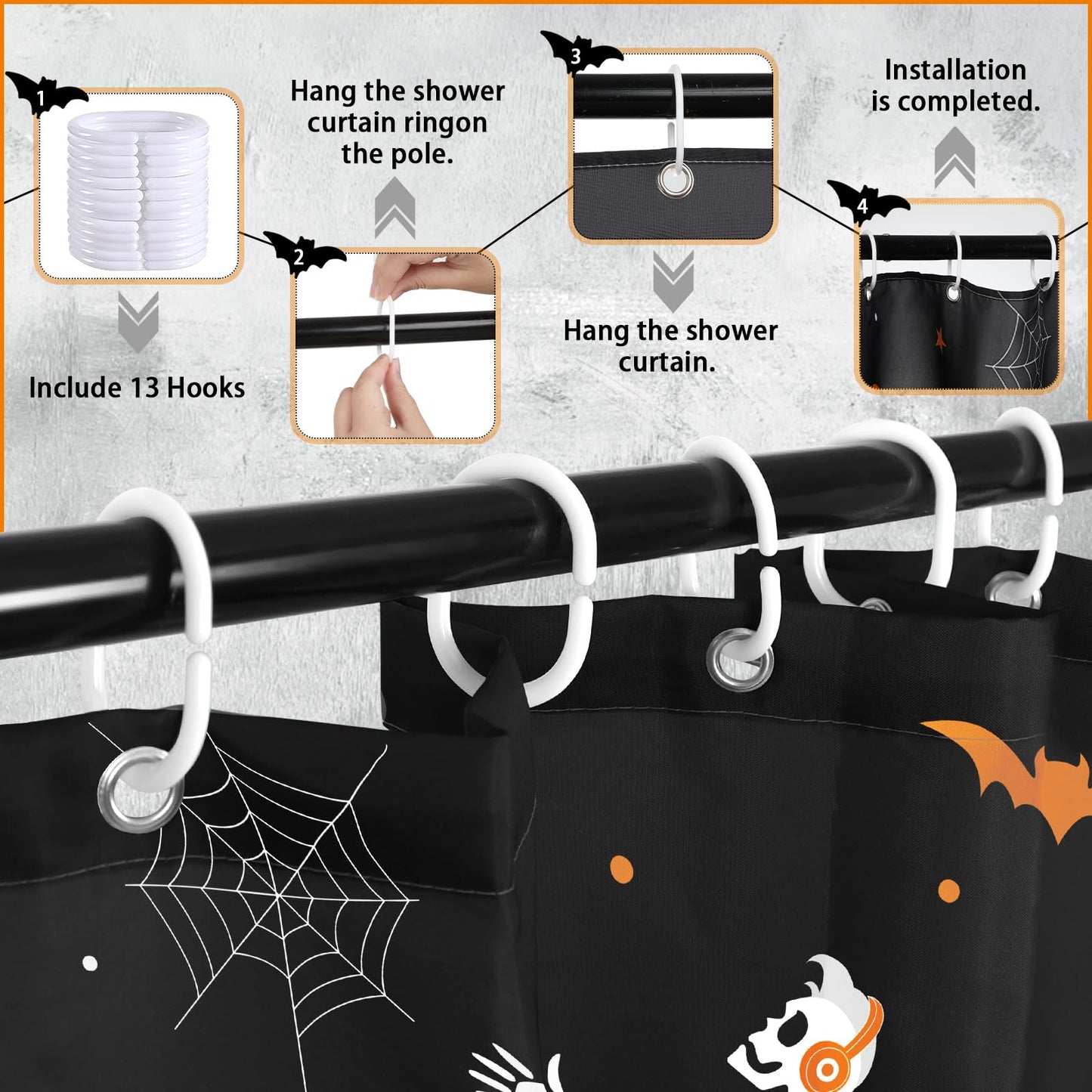 BOARDFEB Halloween Skull Shower Curtain for Bathroom 72 x 72 Inches Funny Black and White Gothic Skeleton Dance Water-Repellent Fabric Shower Curtains Pumpkins Dancing Bath Decor with 13 Hooks