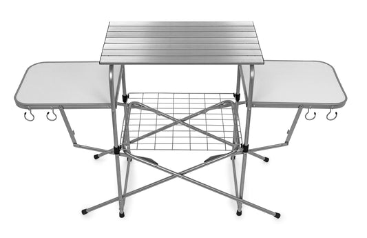 Camco Olympian Deluxe Portable Grill Table - Provides Plenty of Room for Grilling Gear While Camping - Folding Grilling Table Collapses for Compact Storage - Supports Up to 100lb (57293)