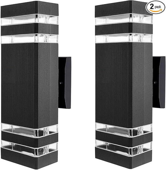 Outdoor Wall Sconce Light, LED Exterior Black Modern Wall Lamps, Porch Square Up and Down Wall Mount Lights for Garage Garden Balcony Entryway 2 Pack…