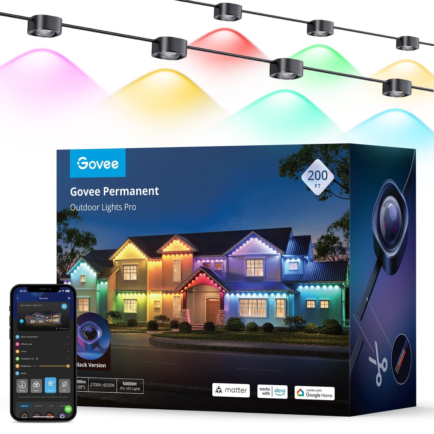 Govee Permanent Outdoor Lights Pro, 200ft with 120 RGBIC LED Lights for Daily and Accent Lighting, 75 Scene Modes for Outdoor Decor, IP67 Waterproof, Works with Alexa, Google Assistant, Matter, Black