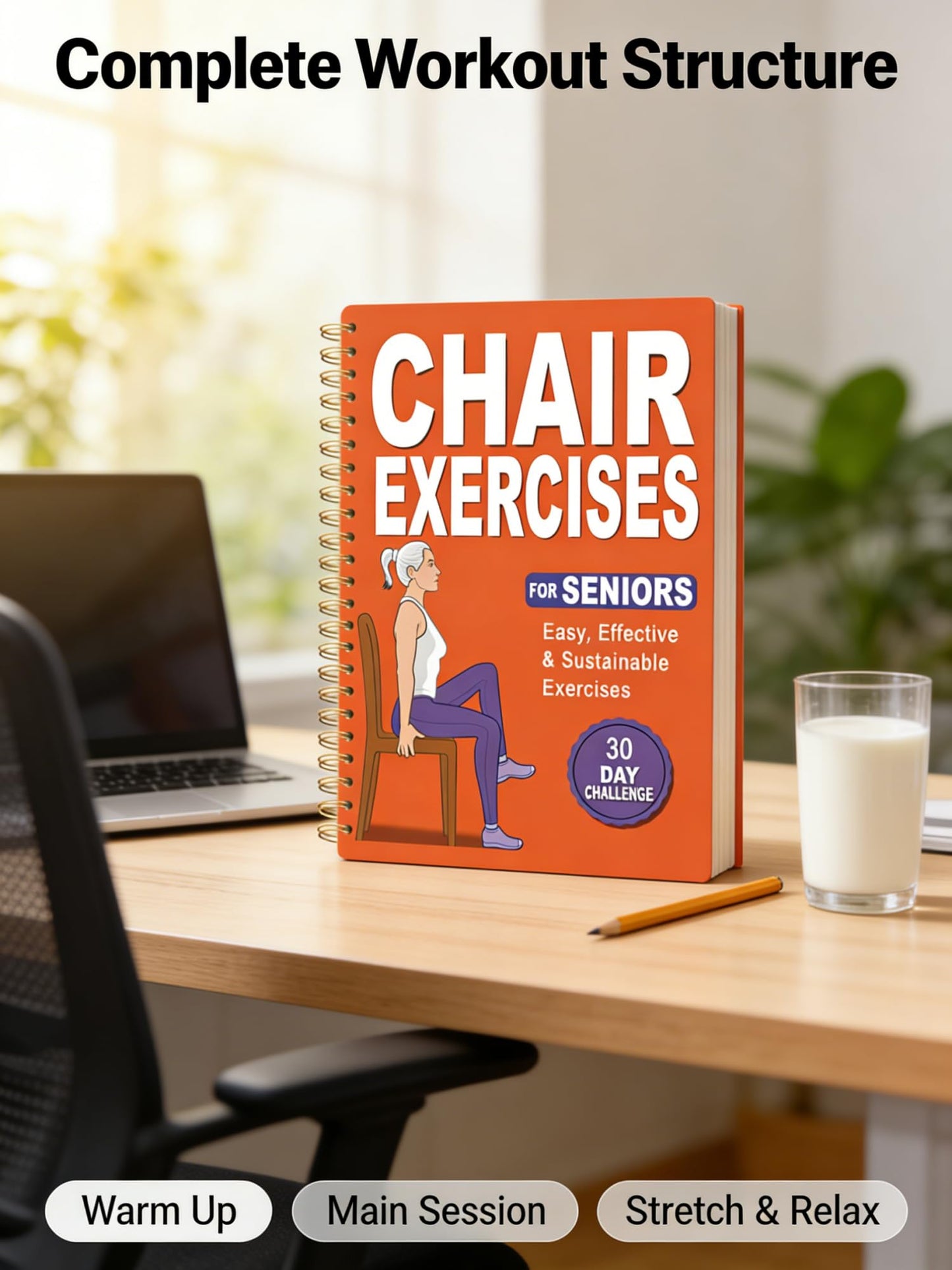 Chair Yoga Book for Seniors Over 60, Orange Cover with Exercise Chart, Gentle Poses for Weight Loss and Mobility, Senior Workout Guide for Beginners
