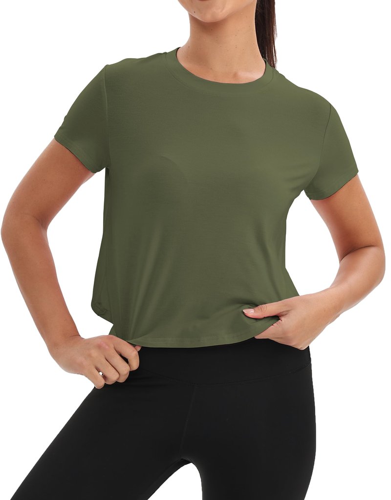 Mippo Workout Tops for Women Short Sleeve Yoga Gym Shirt Athletic T Shirts Breathable Exercise Clothes Activewear Loose Fit ArmyGreen M