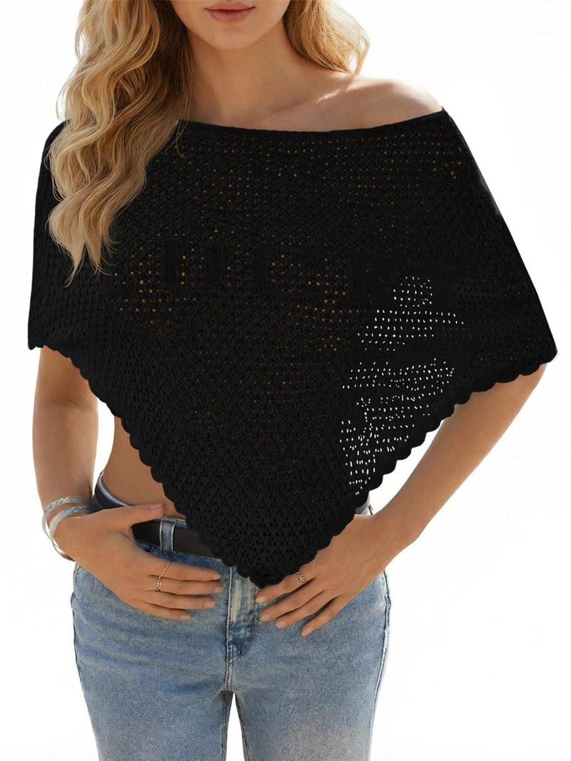 Fisoew Womens Crochet Cover Up Summer Sheer Ponchos Shawl Boho Beach Vacation Off The Shoulder Knit Tops Swimsuit Coverups Black