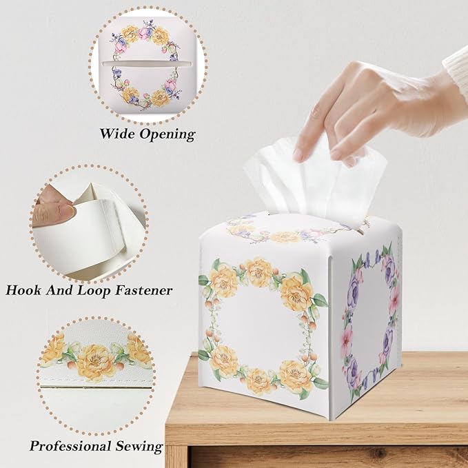 Yellow Floral Wreath Tissue Box Cover Square, Leather Tissue Holder with Bottom Belt, for Nightstands Desks Office Bathroom Car Vanity Home Decor Supplies -023