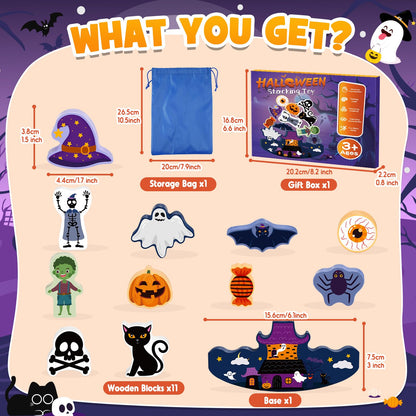 IPOURUP Halloween Toys for Kids 3-10 Kids Wooden Stacking Blocks Toy Birthday Gifts for 4 5 6 7 8 9 Year Old Boys Girls Toy Kid Balance Competition Games for Ages 5-7 Party Favors Boo Basket Stuffers