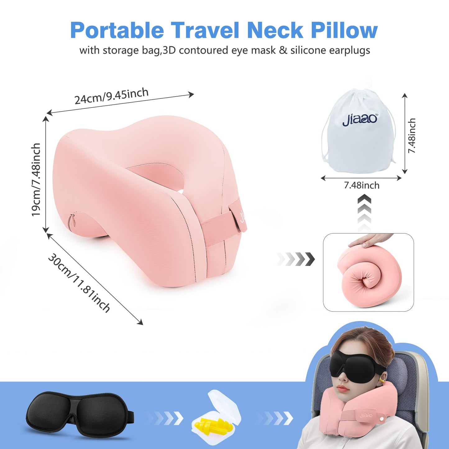 jiaao Neck Pillow Airplane, Memory Foam Travel Neck Pillows for Long Flight, 3D Eye Masks, Ear Plugs and Portable Drawstring Bag, Napping Pillow for Home, Road Trips, Sleep Rest and Travel Use