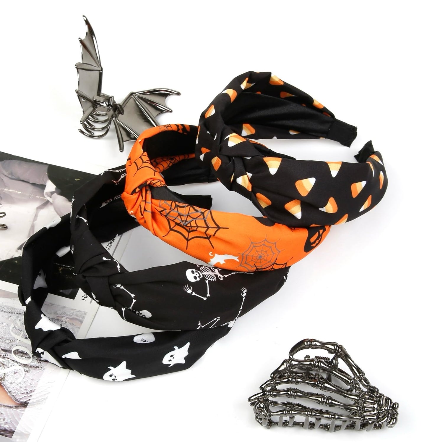 Huachi Halloween Headbands for Women Girls, Boo Pumpkin Skeleton Candy Knotted Headband 4PCS, Halloween Hair Accessories Gifts