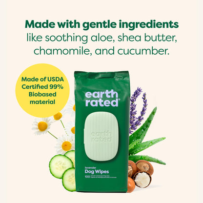 Earth Rated Dog Wipes, Hypoallergenic, Cleaning and Hydrating, for Grooming Paws, Body and Bums, Lavender Scented, 100 Count