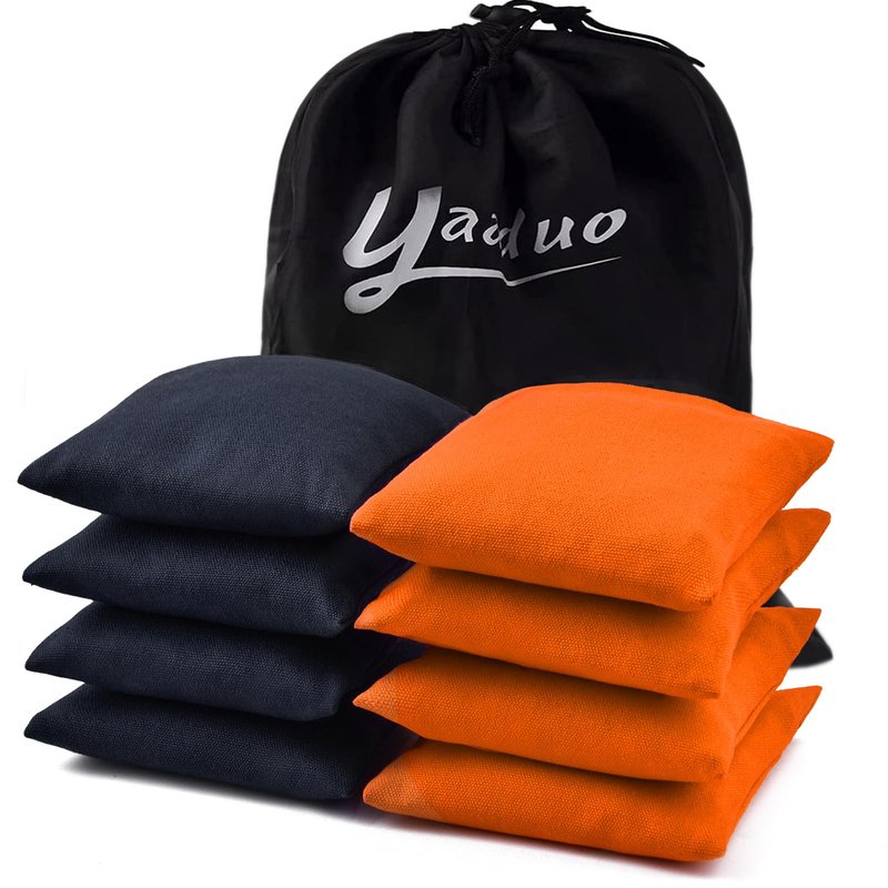 yaaduo Set of 8 Regulation Cornhole Bags Double Sided, Weather Resistant Bean Bags for Cornhole Toss Game, Corn Hole Beans Bags with Tote Bag (Black/Orange)
