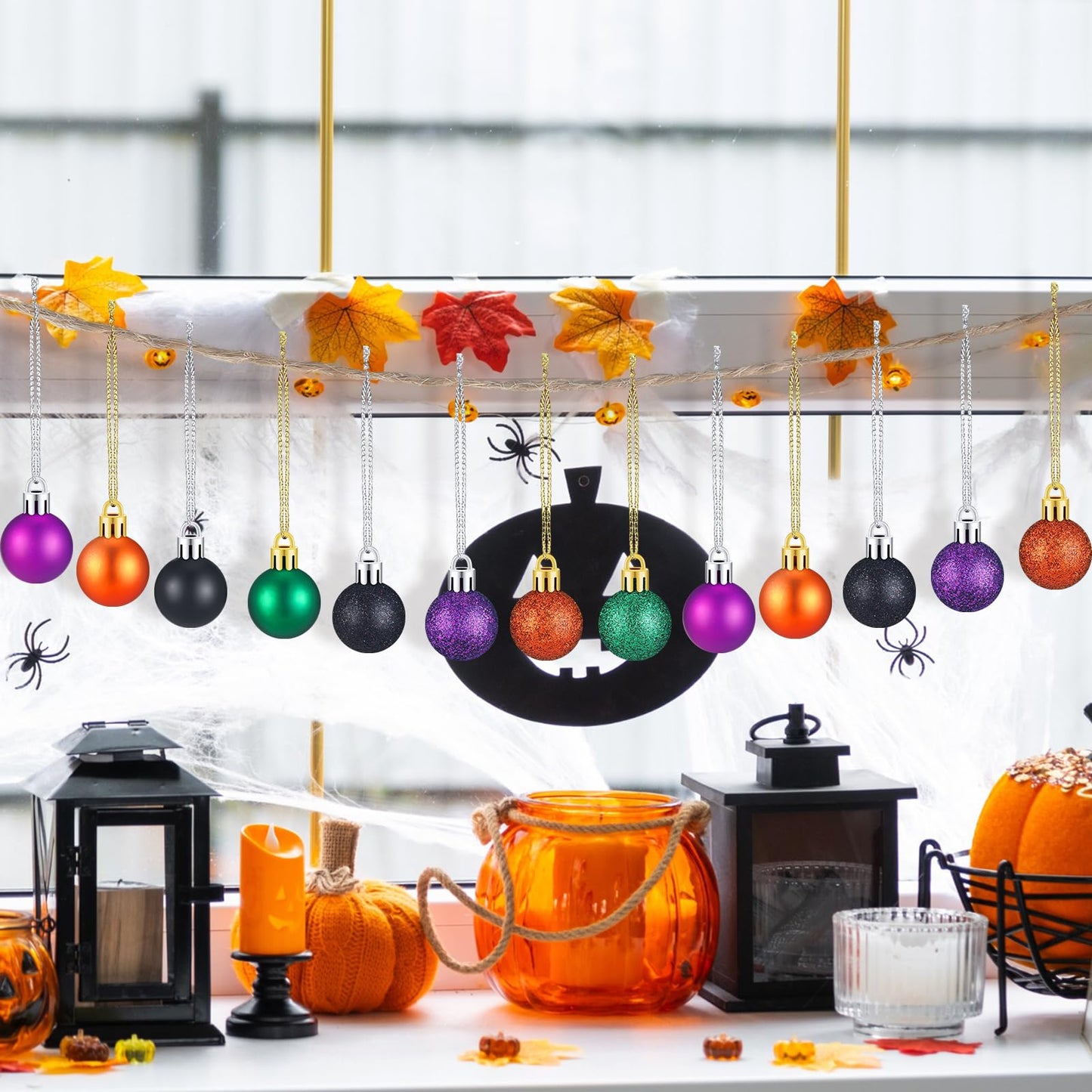 80 Pcs Mini Halloween Ball Ornaments 1" Halloween Hanging Glitter Ball Halloween Tree Ball Ornaments Shiny Tree Plastic Ball Decorations for Halloween Christmas Party Tree Decor(Halloween Style)