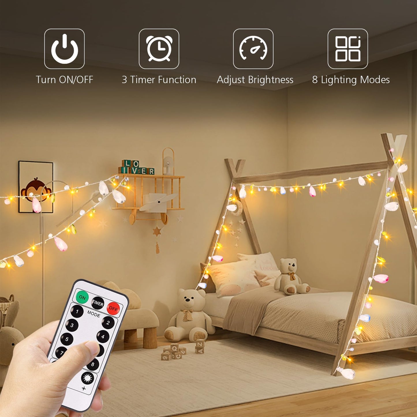 [Updated Version] Indoor House String Lights-Bohemia Style String with Jewels-Colorful Jewels LED Fairy Christmas Lights-Battery Powered-8 Mode- Remote-Timer30 Warm White LED Gift Lights for Girl