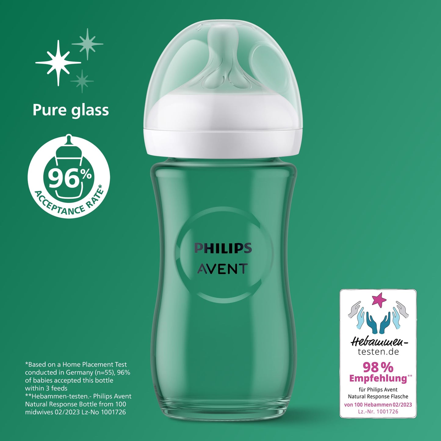 Philips Avent Natural Response Glass Baby Bottles 8oz/240 ml with Medium Flow Teats (Flow 3), 2 Pack, SCY933/02