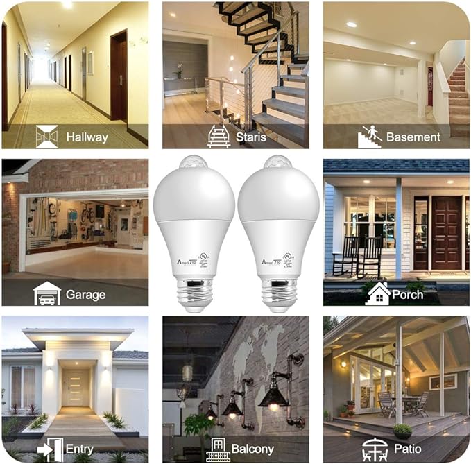 AmeriTop Motion Sensor Light Bulb- 2 Pack, 10W(60W Equivalent) 806lm Motion Activated Dusk to Dawn Security LED Bulb; UL Listed, A19, E26, Auto On/Off Indoor Outdoor Lighting (2700K Soft White)