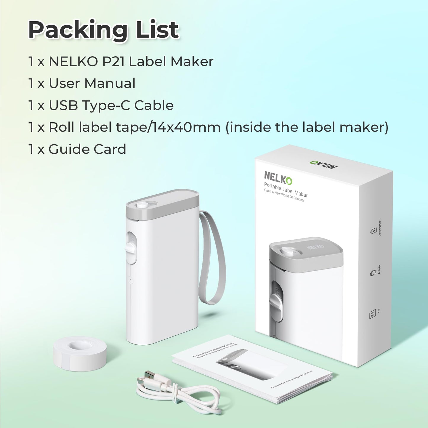 Nelko Label Maker Machine with Tape, P21 Portable Bluetooth Label Printer, Wireless Handheld Sticker Maker Mini Label Makers with Multiple Templates for Organizing Storage Barcode Office Home, White