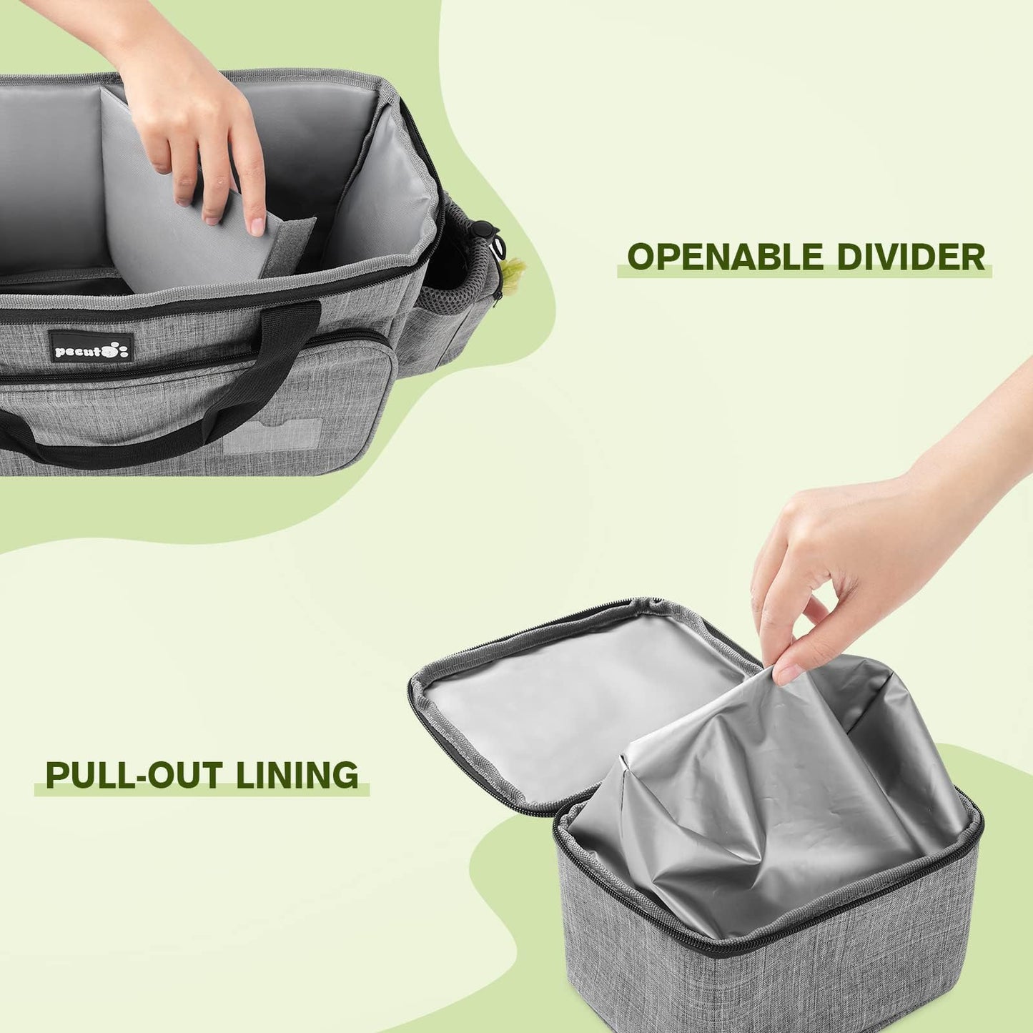 pecute Dog Travel Bag Large, Portable for Travel, Pet with Multi-Function Pockets, Tote Organizer Outdoor use Set 2 Food Bags + Collapsible Bowls, Grey