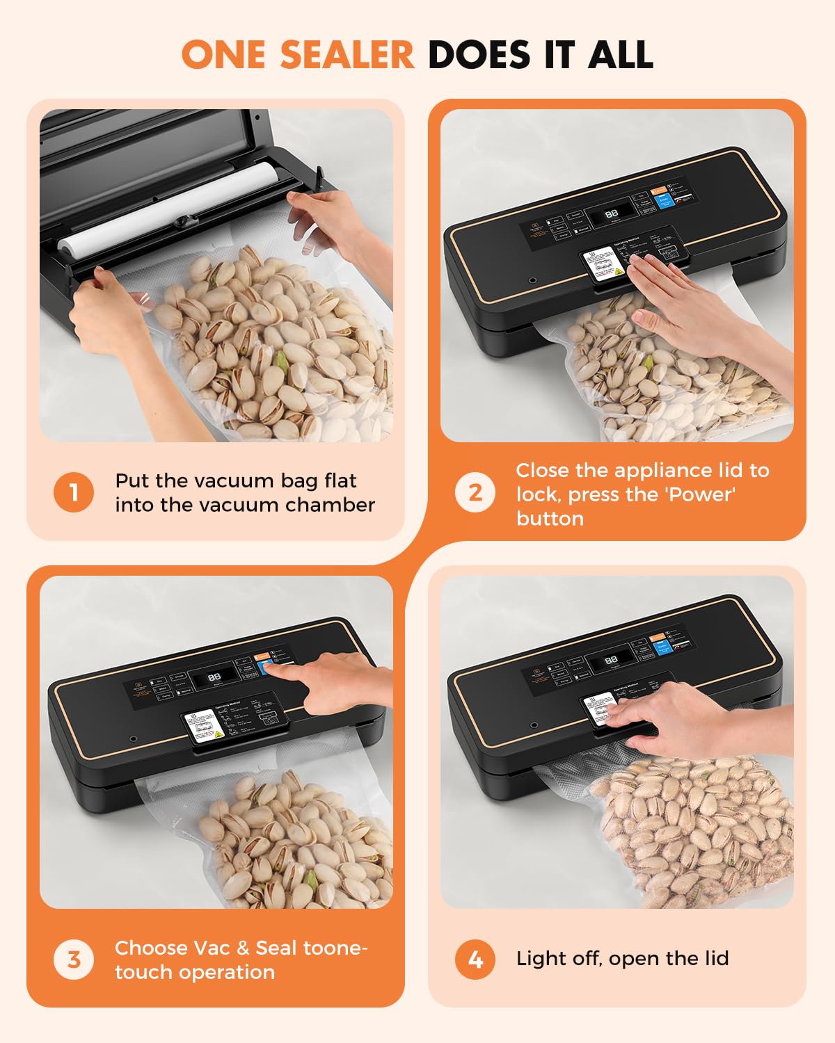 UPRUBE Vacuum Sealer for Food, 95kPa Food Saver Vacuum Sealer Machine, 135W Fast-Sealing by Built-in Bag Storage, Easy Tear Cutter, 9-in-1 Compact Food Vacuum Sealer Machine with 10 ft Bag Roll