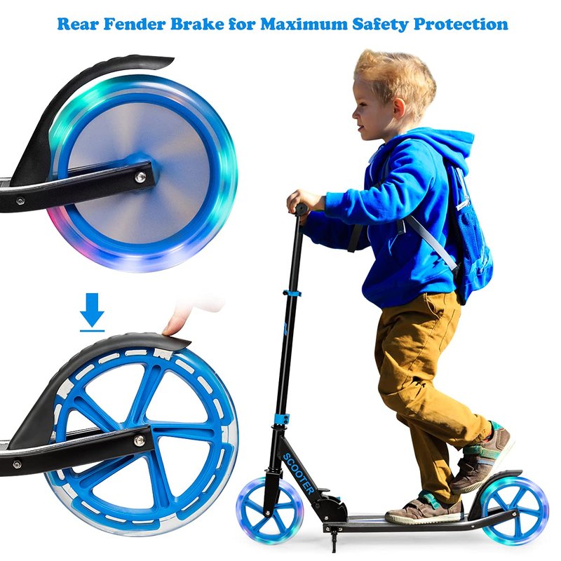 GYMAX Scooter for Adults, 220LBS Folding Aluminum Scooters with LED Flashing Wheels, Carrying Straps, Adjustable Handlebar & Kickstand, Quick Release Portable Kick Scooter for Teens, Youth (Black)