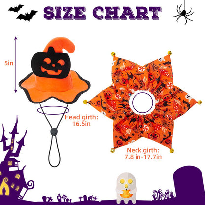 EXPAWLORER Dog Halloween Costumes - Halloween Style Dog Collar with Bells and Wizard's Hat Set,Halloween Pumpkin Pattern Pet Costume for Dogs Wearing - Orange