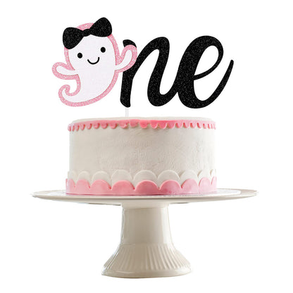 Pink Glitter Halloween Ghost One Birthday Cake Topper The Spooky One Cake Topper for Pink Girl Halloween1st Birthday Cake Decorations