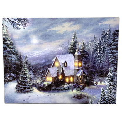 LED Wall Art - Lighted Church Christmas Canvas Print - Light Up LED Winter Woodland Country - Snowy Forest Setting - Measures 11.75" x 15.75"