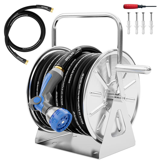 SPECILITE Stainless Steel Garden Hose Reel with 5/8" 75FT Hybrid Rubber Hose and 6FT Leader Pipe, Wall/Floor Metal Mounted Storage Spool with Crank Handle, for Outside, Yard, Patio