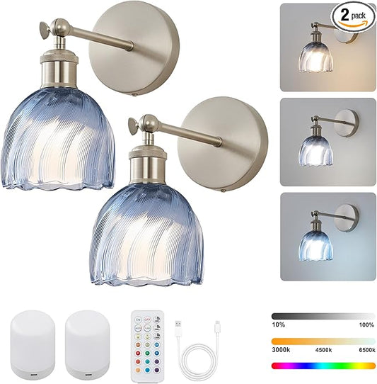 Vintage Battery Powered Cordless Wall Sconce Set of 2, Battery Wall Sconce with Blue Glass Lampshade, Rechargeable Battery Powered Wall Lights with Remote Control for Bedside Bedroom Doorway