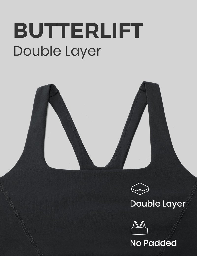 CRZ YOGA Butterlift Double Lined Square Neck Sports Bras for Women - Wireless V-Shaped Racerback Workout Yoga Top Non Padded Black Medium
