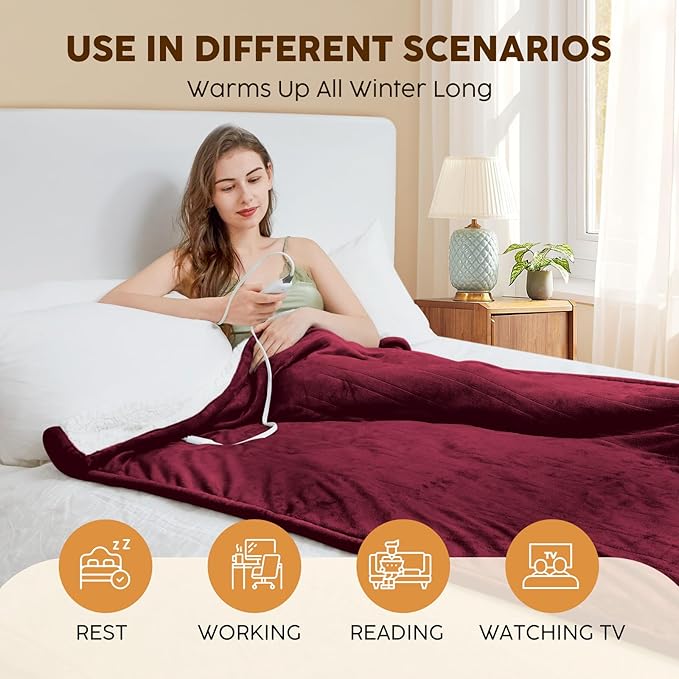 HYLEORY Heated Electric Blanket Queen 84"x90" Soft Fleece & Flannel with 5 Heating Levels & 10 Hours Timer Auto Shutt Off, ETL Certified, Washable，Heated Blanket for Body-Red