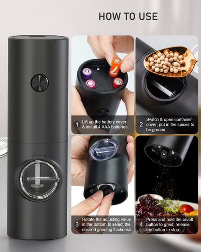 COKUNST Electric Pepper and Salt Grinder Set, Battery Powered Adjustable 5 Levels of Coarseness Black Pepper Mills with Stand, Automatic Grinding with LED Light for BBQ Resturant Kitchen