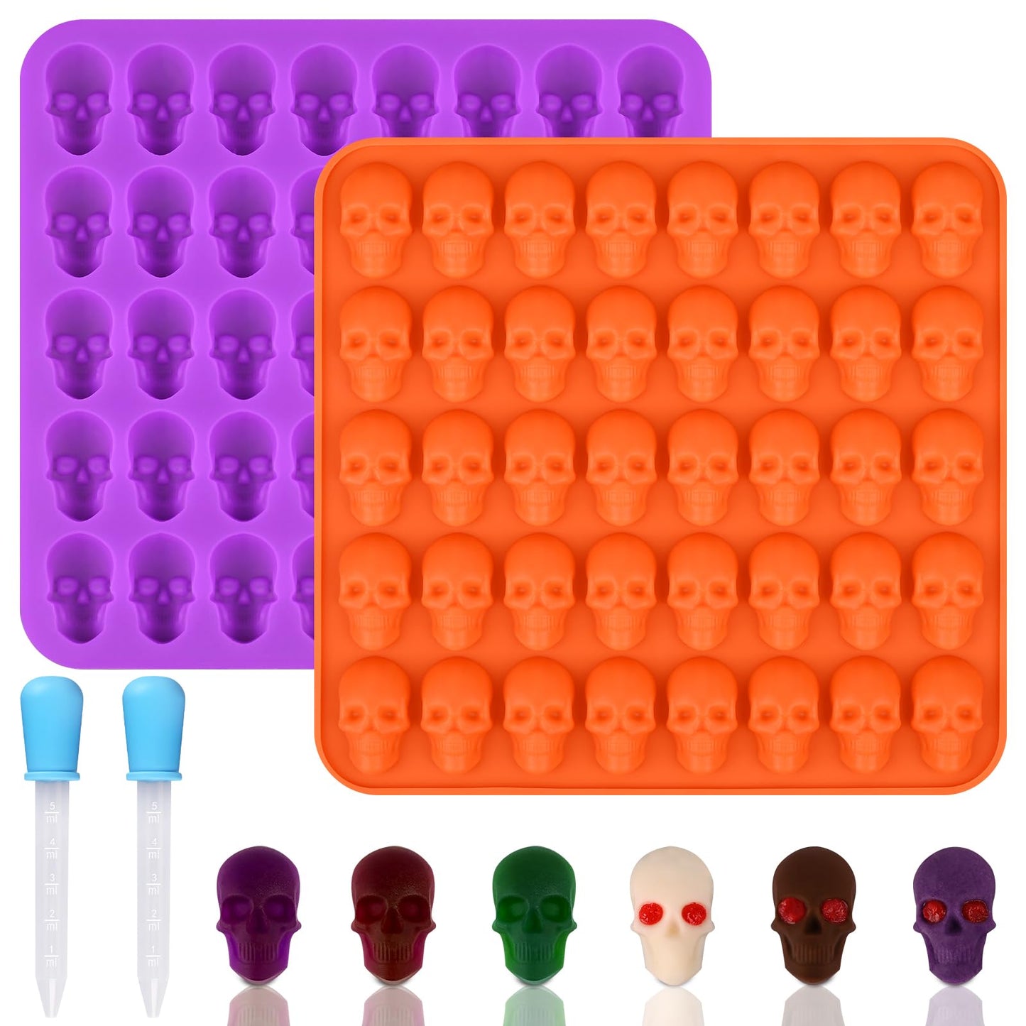 HUAKENER Gummy Skull Molds - 2 Pack Skull Candy Molds with 2 Droppers, Silicone Molds for Chocolate, Candy, Jelly, Dog Treats, Ice Cube, Resin Casting