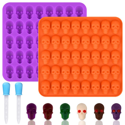HUAKENER Gummy Skull Molds - 2 Pack Skull Candy Molds with 2 Droppers, Silicone Molds for Chocolate, Candy, Jelly, Dog Treats, Ice Cube, Resin Casting
