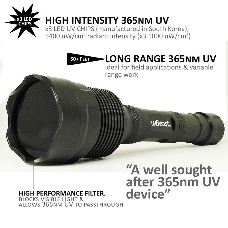 uvBeast V3 365nm Black Light UV Flashlight – High Definition Ultraviolet - HIgh Power and Long Range Professional Grade Beam Best for Professional/Commercial Use – USA Stock