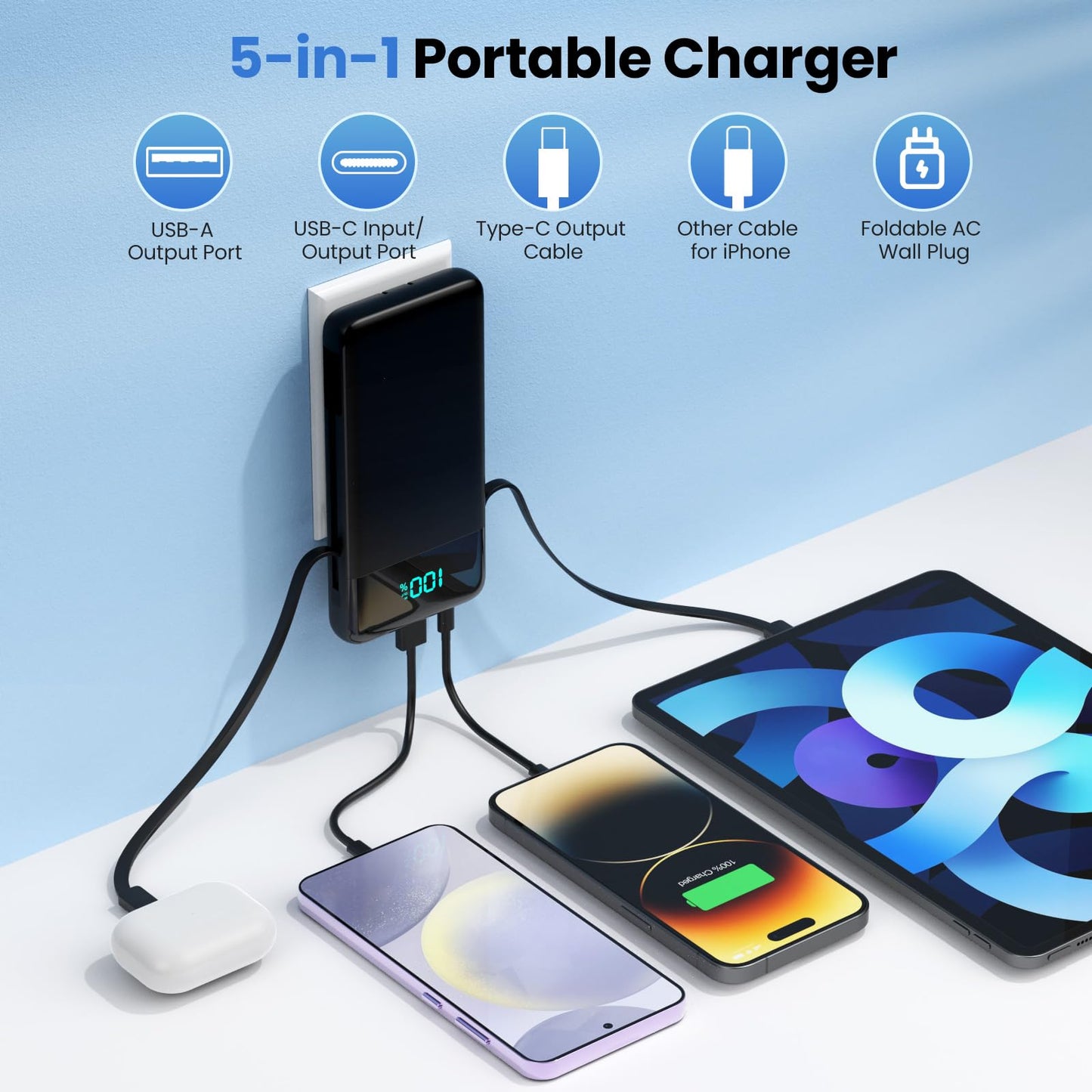 Portable Charger for iPhone with Built in Cables and Wall Plug,Upgraded 13800mAh Fast Charging USB C Power Bank,4 Outputs Travel Essential Battery Pack Compatible with iPhone 15/14/13,Samsung-Purple