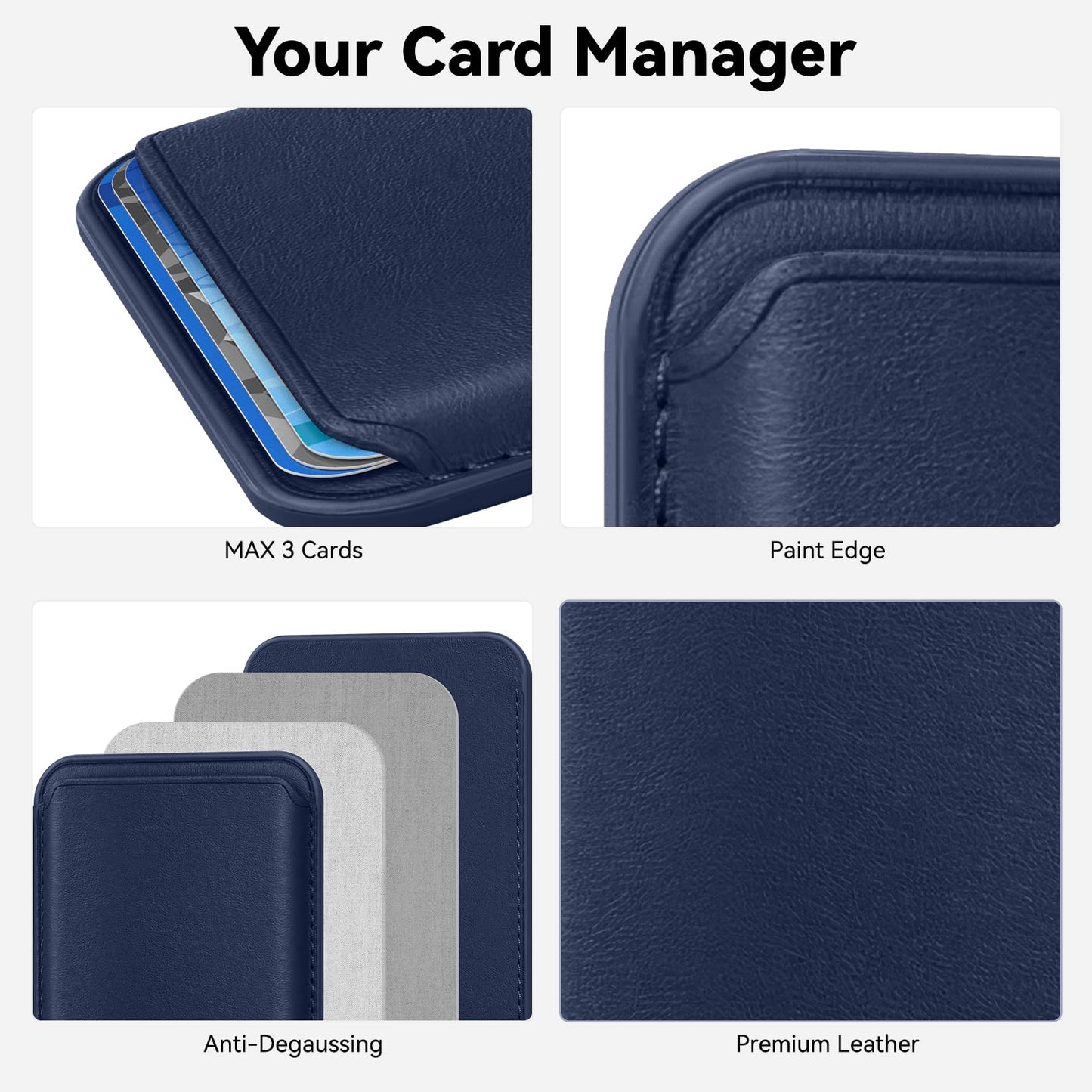 Amzone Magnetic Wallet Cell Phone Card Sleeves for Phone Case with Mag-Safe, Stronger Magnetic RFID Leather Phone Wallet Stick on Series of iPhone 15/14/13/12, Indigo Blue