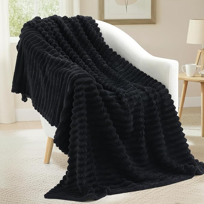 decorUhome Soft Fleece Black Blanket Queen Size for Bed, Cozy Fluffy Plush Flannel Large Striped Throws for Couch Sofa, Lightweight Decorative Fuzzy Blanket for Woman, 90x90 Inches