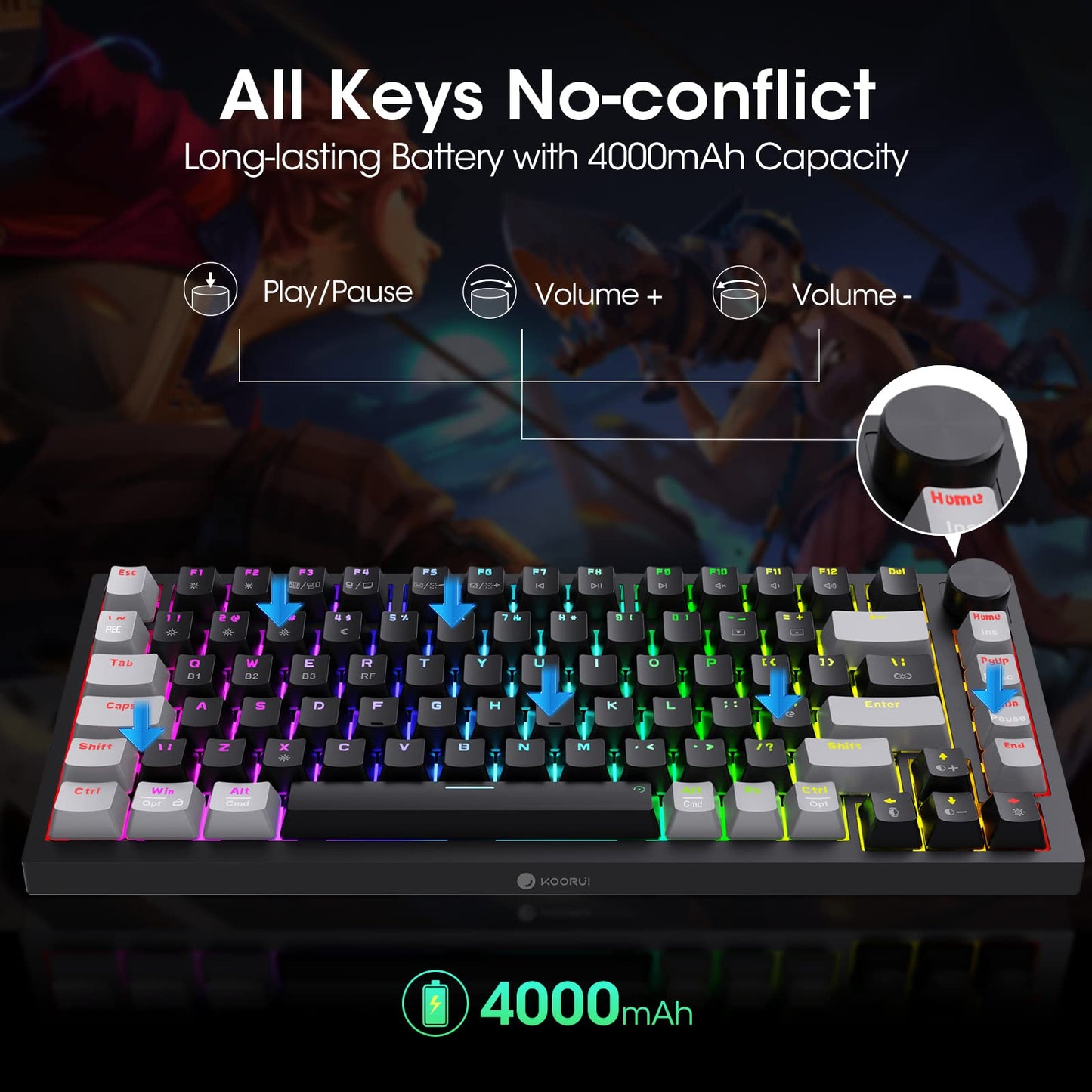 KOORUI Gaming Keyboards, 26 RGB Backlit Mechanical Keyboard Wireless/Wired Compatible Bluetooth 82 Keys Rechargeable 4000mAh Battery UK Layout Gamer Keyboards for Windows MacOS Linux (Brown Switch)