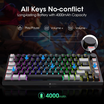 KOORUI Gaming Keyboards, 26 RGB Backlit Mechanical Keyboard Wireless/Wired Compatible Bluetooth 82 Keys Rechargeable 4000mAh Battery UK Layout Gamer Keyboards for Windows MacOS Linux (Blue Switch)