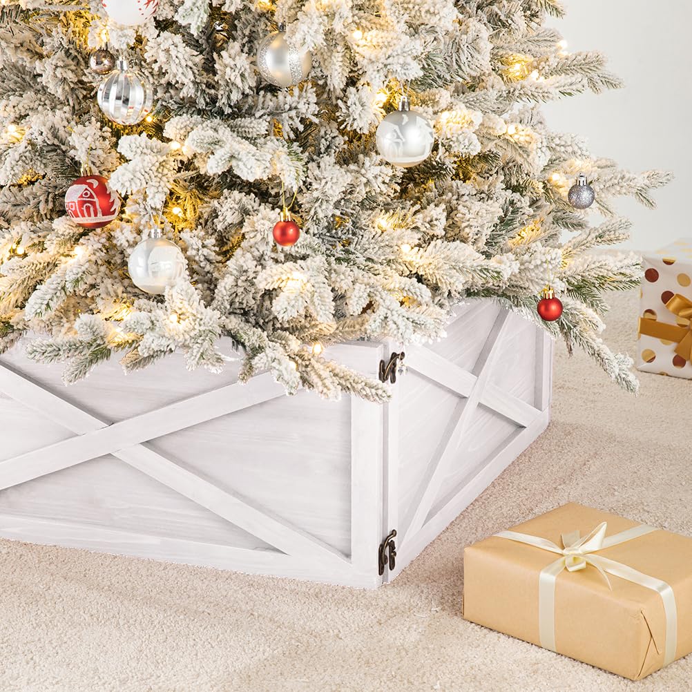 Glitzhome Christmas Tree Collar, Christmas Tree Base Cover, 22" L Washed White Wooden Tree Collars for Artificial Trees Decorative Tree Stand Cover Christmas Tree Skirt Collar