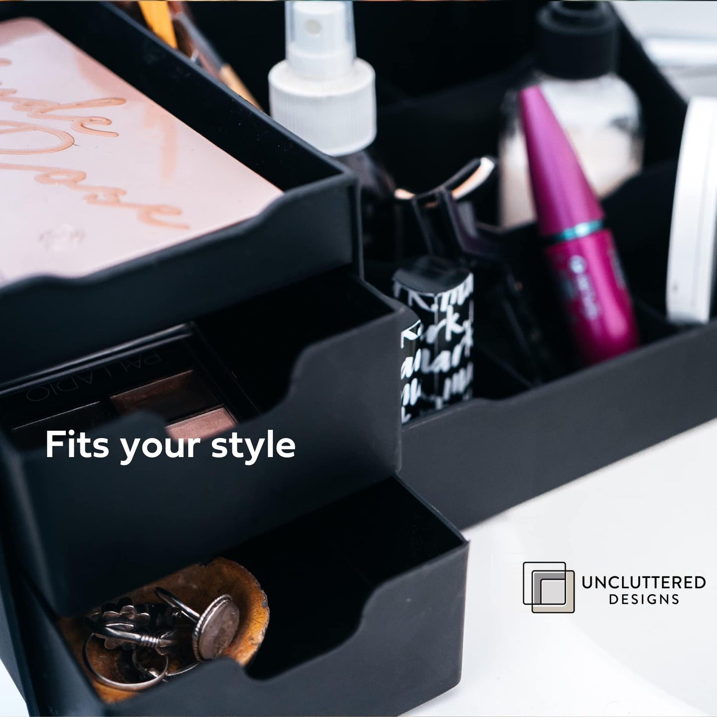 Large Black Cosmetic Organiser - Organiser Box With Drawers for Aftershave, Deodorant, Beard, Shaving Lotion, Perfume & Skincare - Perfect for Mens Bathroom & Bedroom Storage - Uncluttered Designs