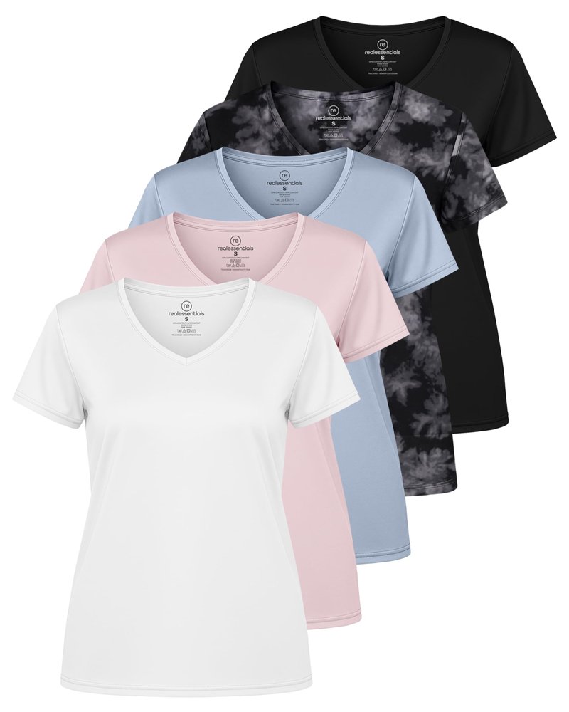 Real Essentials 5 Pack: Women's Dry-Fit Short Sleeve V Neck T Shirt Workout Fitness Yoga Top Tee, Set 16, S