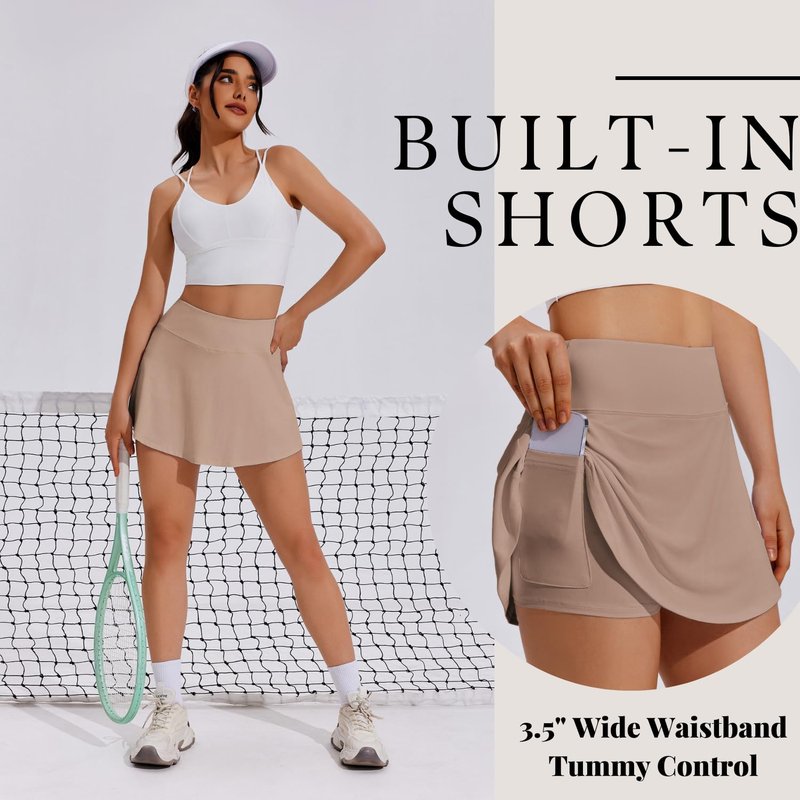PINSPARK Tennis Skirts for Women Pleated Athletic Skort Mini Skirts with Shorts for Running Workout,Light Coffee Large