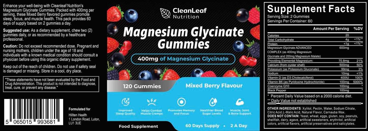 Magnesium Glycinate Twin Pack Gummies - 400mg High Absorption Formula for Sleep, Stress Relief & Muscle Health - Mixed Berry Flavor, Non-GMO, 60-Day Supply for Adults