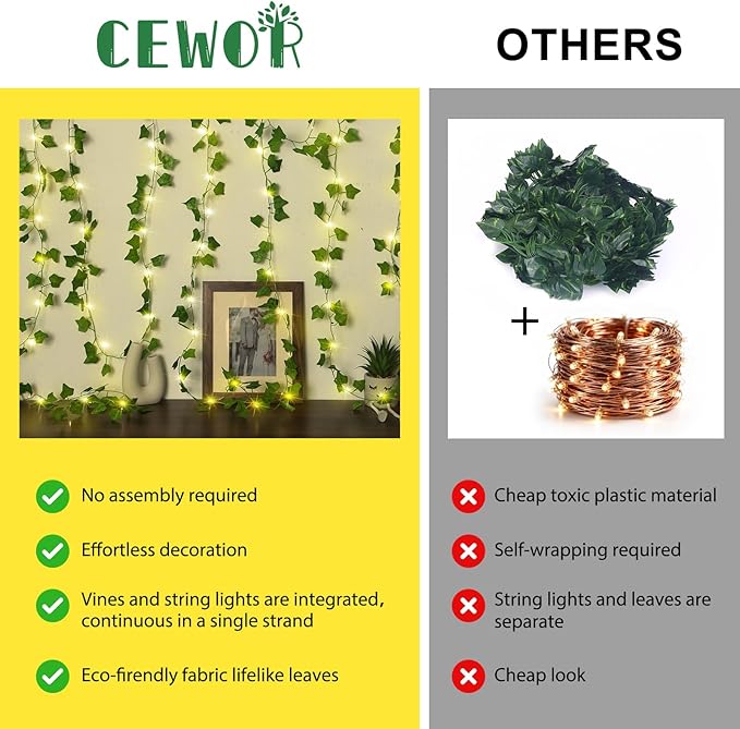CEWOR Vine with Fairy Lights Battery Operated, 40ft 120 LED Ivy String Lights, Artificial Ivy Garland with Lights for Bedroom, Room, Wall, Garden, Party, Wedding Decor