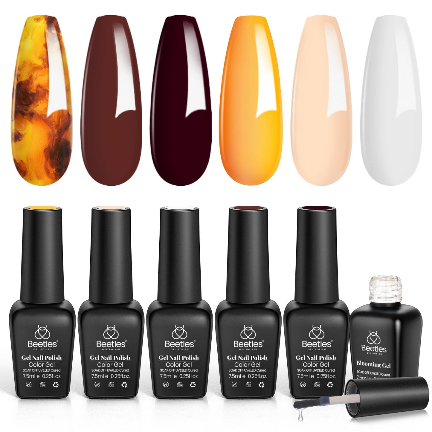 Beetles Fall Gel Polish with Blooming Gel - Amber Attraction 5 Colors Brown Gel Polish White Wine Fall Color Nail Polish Set Clear Blooming Polish Soak Off Uv Nail Art Gfit Set for Women