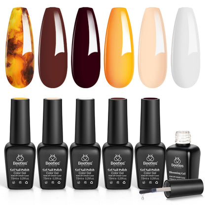 Beetles Fall Gel Polish with Blooming Gel - Amber Attraction 5 Colors Brown Gel Polish White Wine Fall Color Nail Polish Set Clear Blooming Polish Soak Off Uv Nail Art Gfit Set for Women